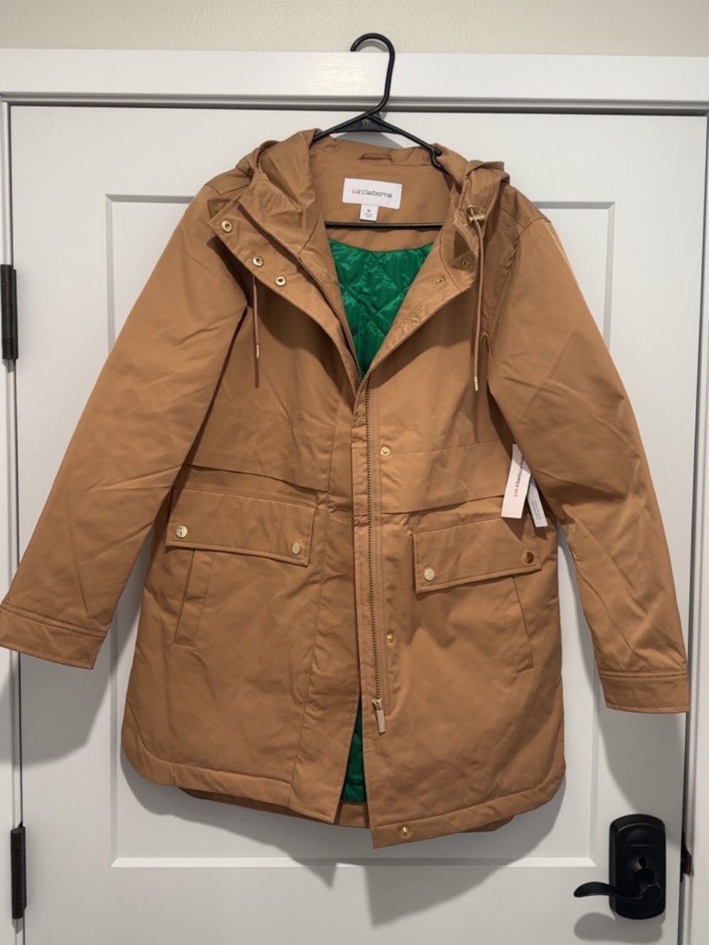 NEW! Liz Claiborne Tan Hooded Coat with Green Lining